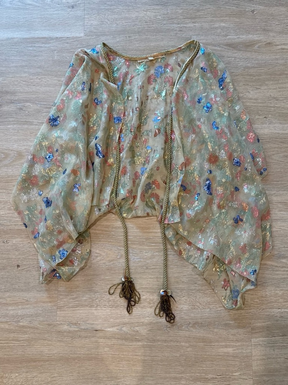 Holly Harp Sheer Floral Metallic Tie-Front Shrug XS-M